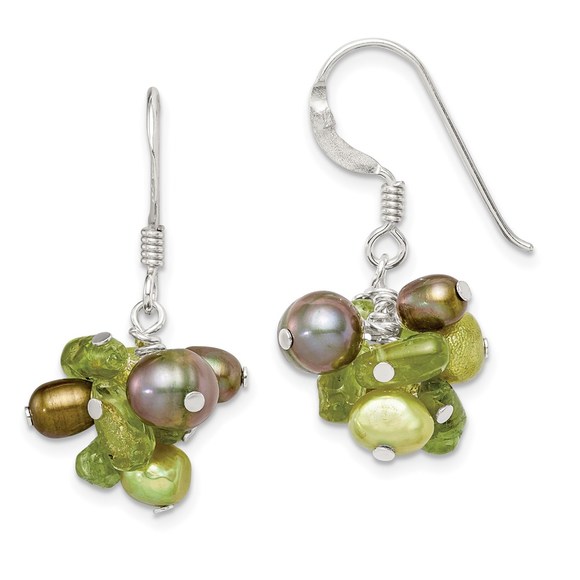 Sterling Silver Green FWC Pearl & Peridot August Birthstone Dangle Drop Earrings - Picture 1 of 4